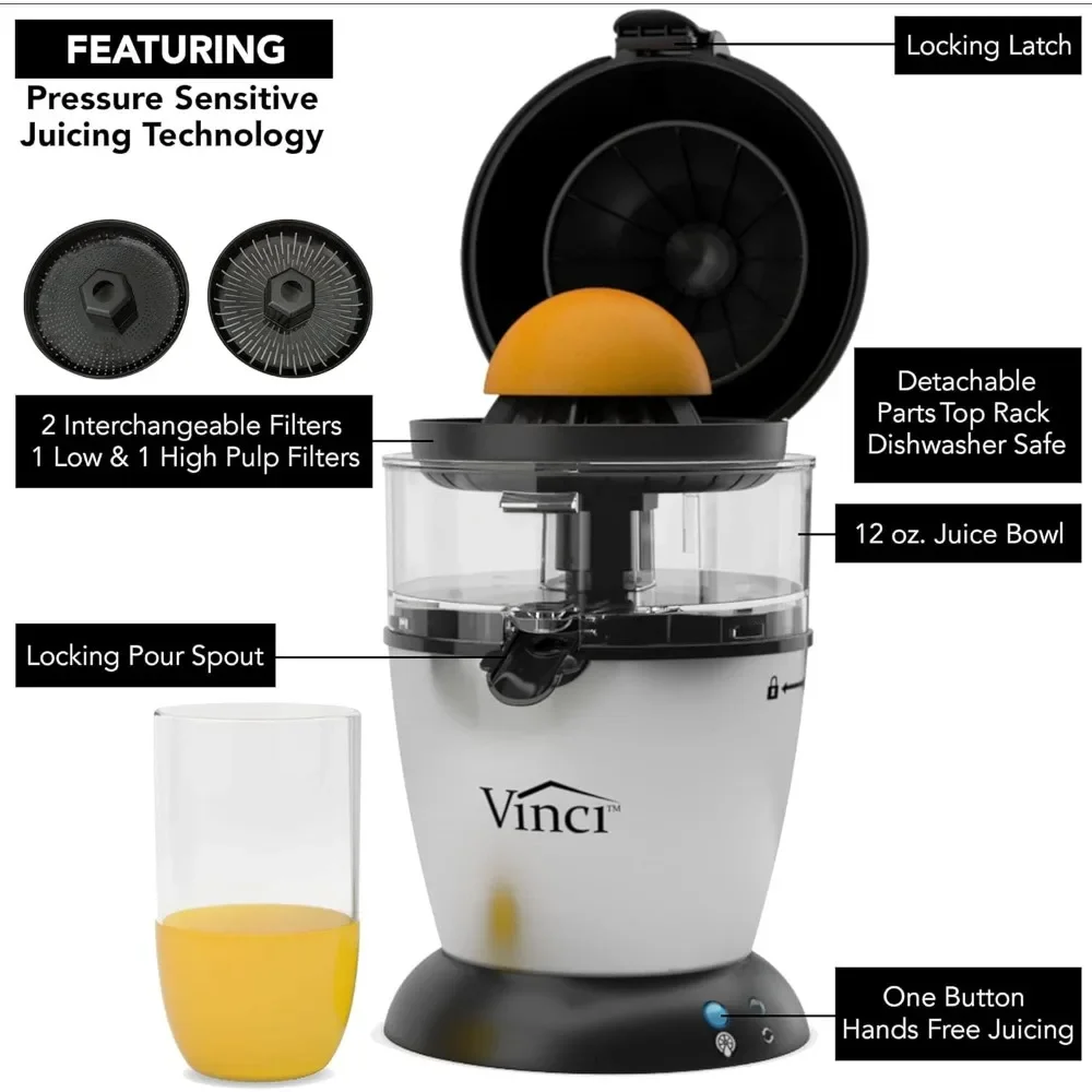 Hands-Free Electric Citrus Juicer 1-Button Easy Press Lemon Lime Orange Grapefruit Juice Squeezer, Black/Stainless Steel