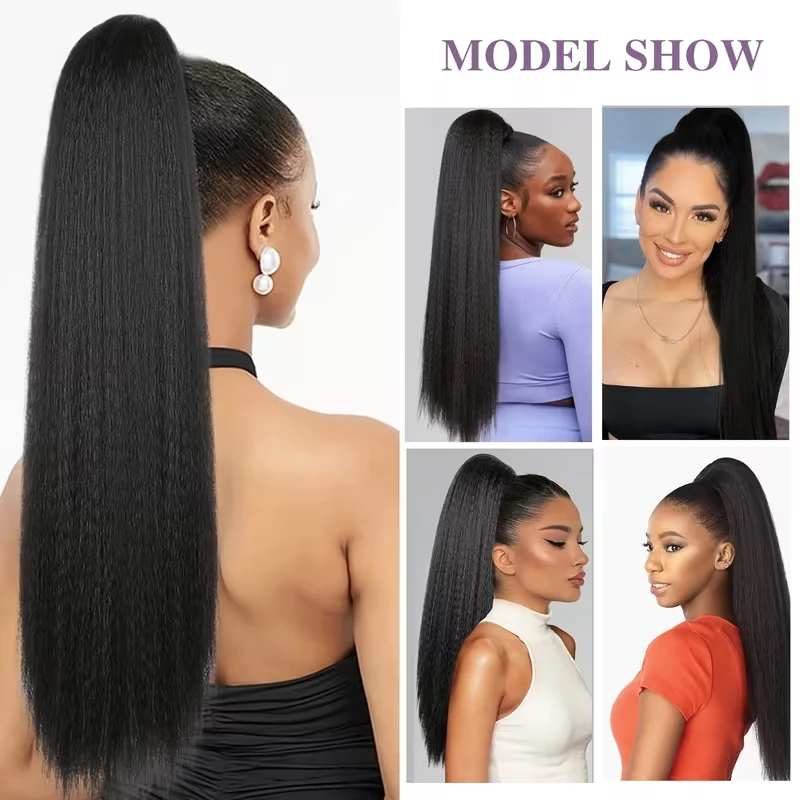 22Inch Synthetische Yaki Lange Rechte Haarverlenging Trekkoord Clip-in Paardenstaart Zwart Bruin Natuurlijke Pluizige Haarstukje voor Vrouwen