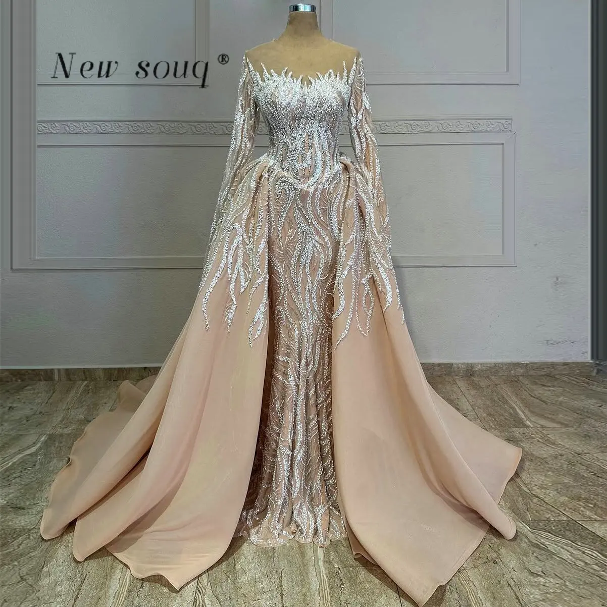 

Peach Pearls Beaded Long Sleeves Mermaid Evening Dresses with Detachable Train Customized Formal Wedding Ceremony Party Gowns