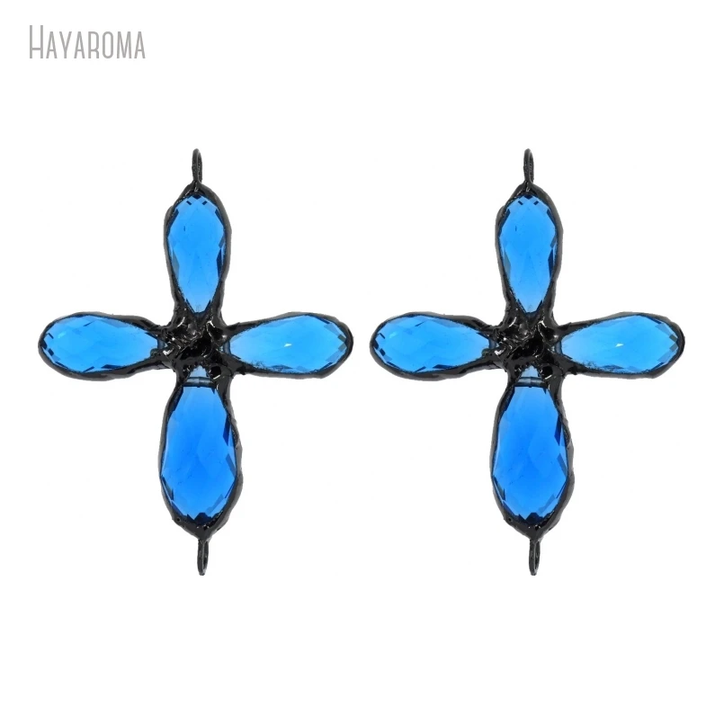 10Pcs Wholesale Soldered Crisscross Jesus Christian Handmade Jewelry Gunmetal Color Black Blue Glass Crystal Pendant PM38237