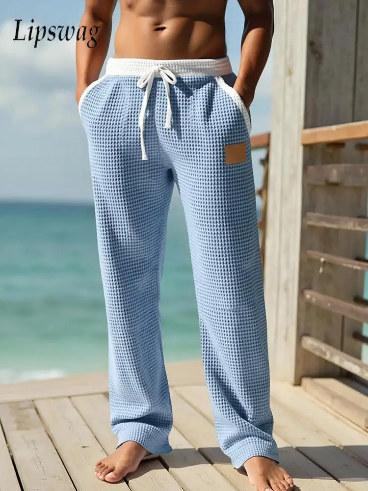 

Fashion Contrast Color Waffle Pants Mens Vintage Drawstring Loose Straight Pants Vacation Seaside Beach Mens Spring Summer Pants
