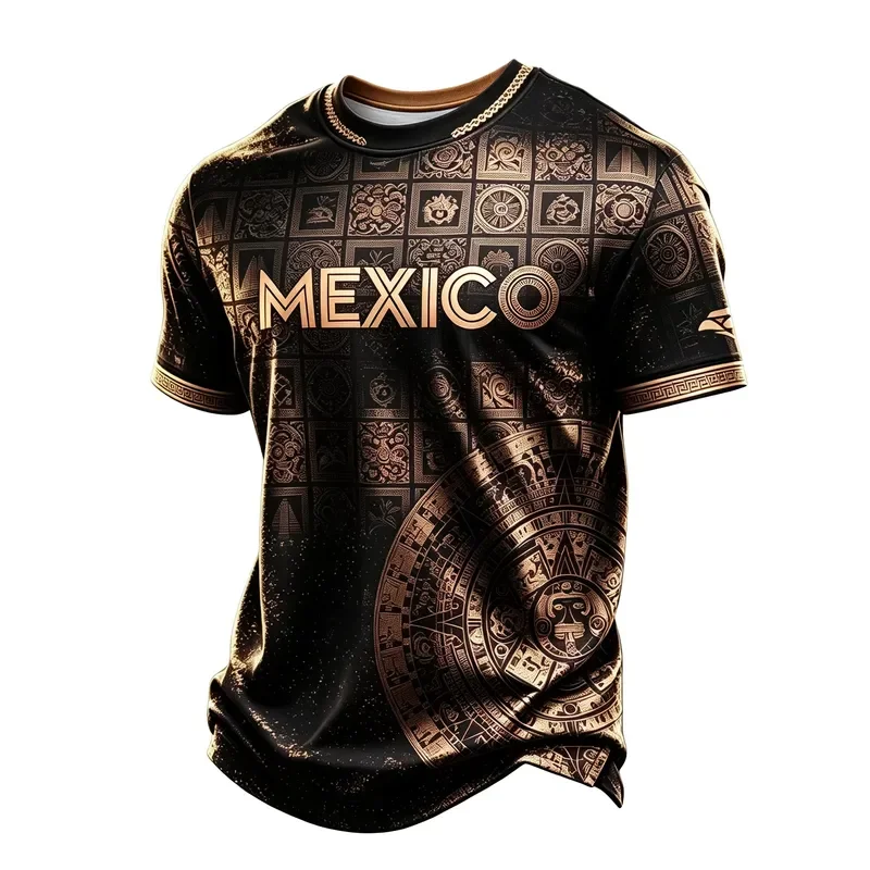 3D Printed Short Sleeve Retro Mayan Civilization Mexico Fan Jersey Gold Tone Square Pattern 2026 Light Breathable Multi Color