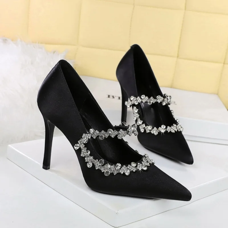 

BIGTREE Fashion High Heels Rhinestones Chain Lady Women's Pumps Stiletto 7-10cm Evening Dress High Heeled Shoes Black Champagne
