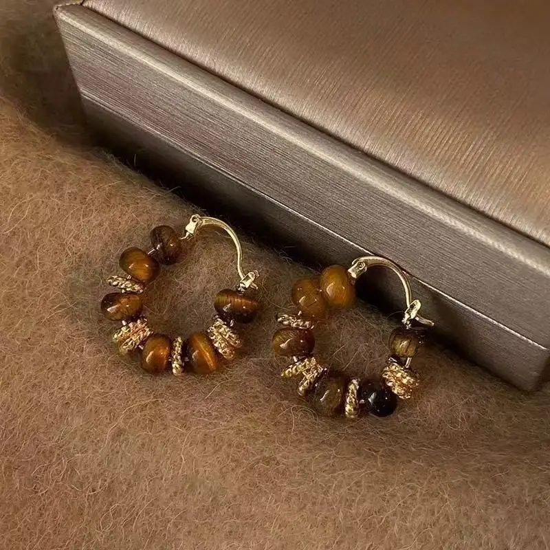 FTCY Vintage Hoop Earring for Women Melard Tiger Eye Stone Brown Round Earrings for Women Leopard Print Female Jewelry
