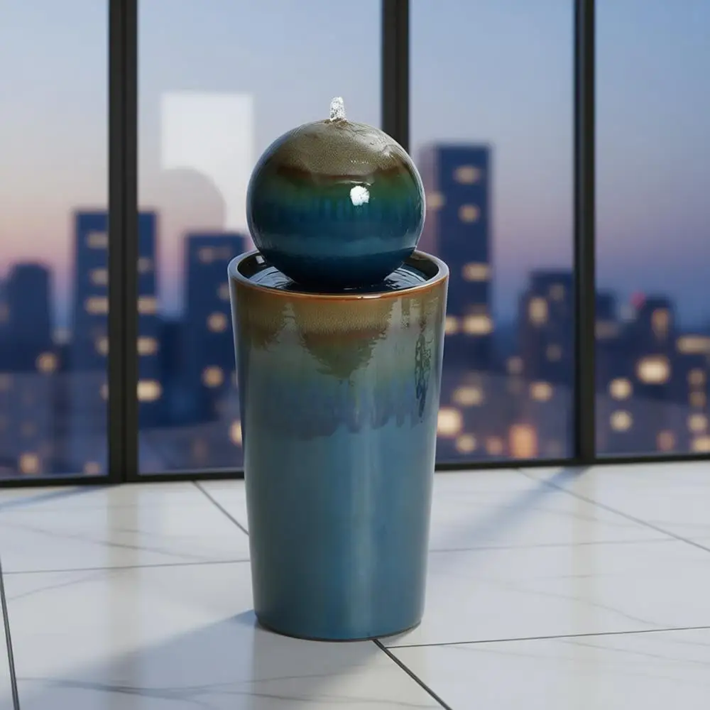 

LuxenHome 30" Water Fountain Outdoor and Indoor, Glazed Blue Bubbling Sphere Ceramic Garden Outdoor Water Fountain, Elegant Mode