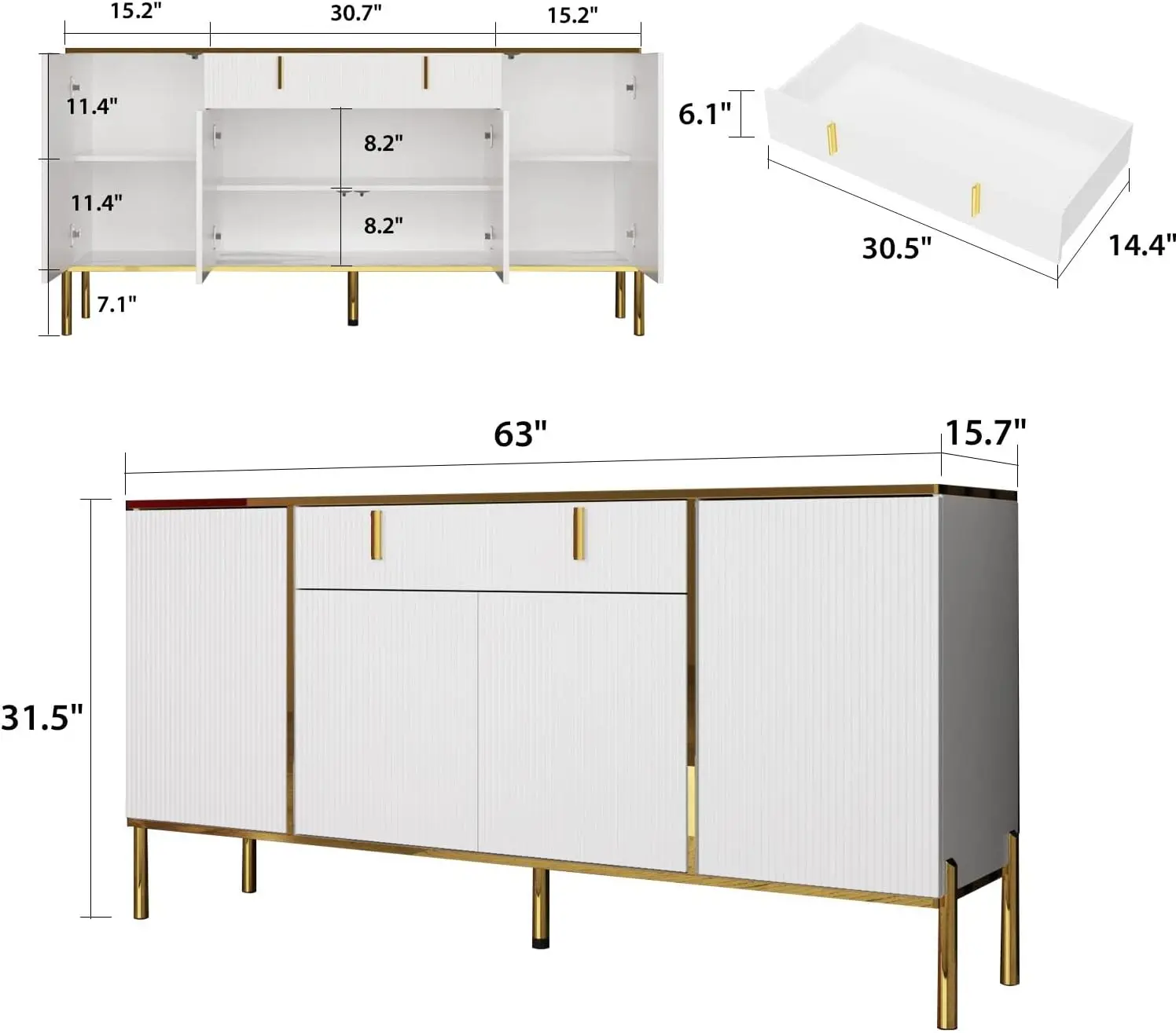 FAMAPY modern credenza sideboard buffet with drawer and pop-up doors, gold metal legs, for living room or hallway.