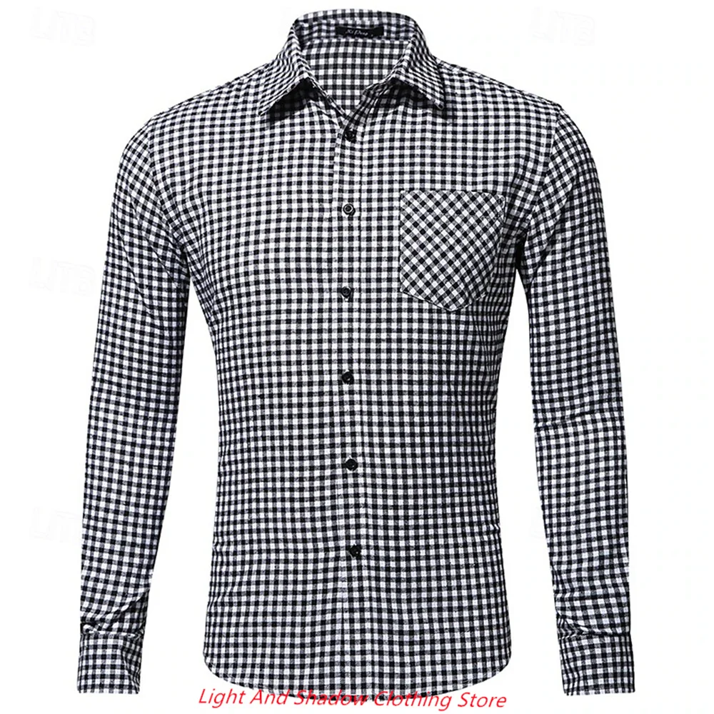 2025 nova camisa masculina xadrez listra impressa moda negócios casual bolso camisa flip colarinho único breasted roupas masculinas