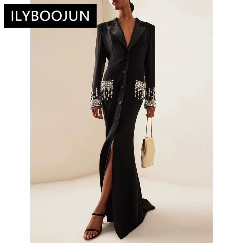 ILYBOOJUN Newest 2024 Designer Fashion Women\'s Long Sleeve Notched Collar Rhinestone Diamonds Beading Maxi Long Dress