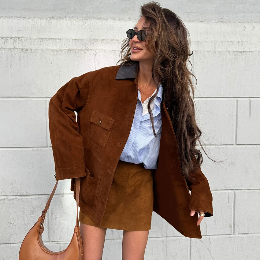 

Linad Street Chic коричневое пальто с лацканами для женщин, 2025 г., элегантные куртки с длинными рукавами и карманами, модная свободная верхняя одежда, женская осень