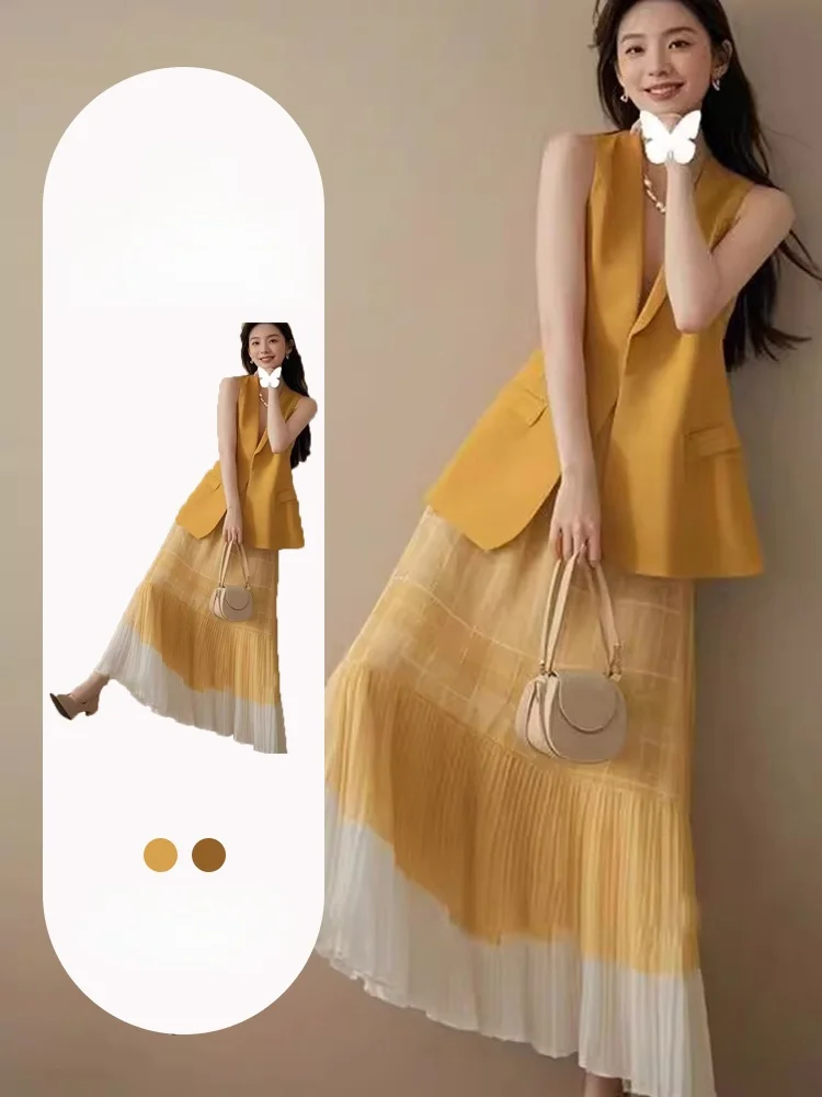 

Оранжевый жилет и клетчатая юбка: комплект из двух предметов, женский летний модный наряд больших размеров, омолаживающий образ от Numen Button