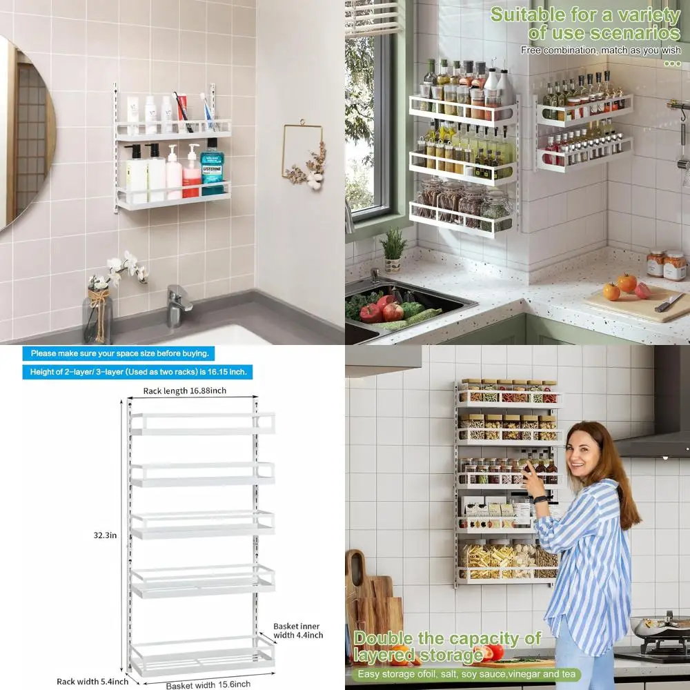 

5-Tier Adjustable Wall Mount Spice Rack Organizer with Hooks, Dual-Purpose Seasoning Storage for Kitchen Pantry, White