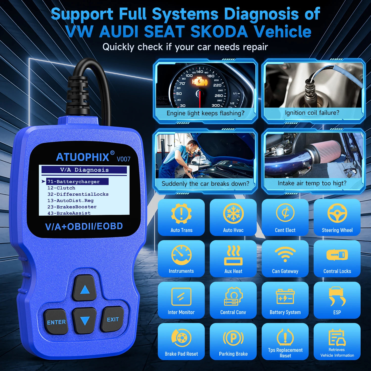 Autophix V007 OBD2 Professional Car Scanner Car All System Diagnostic Tool for VAG- Code Reader ABS SRS EPB Oil Diagnostic