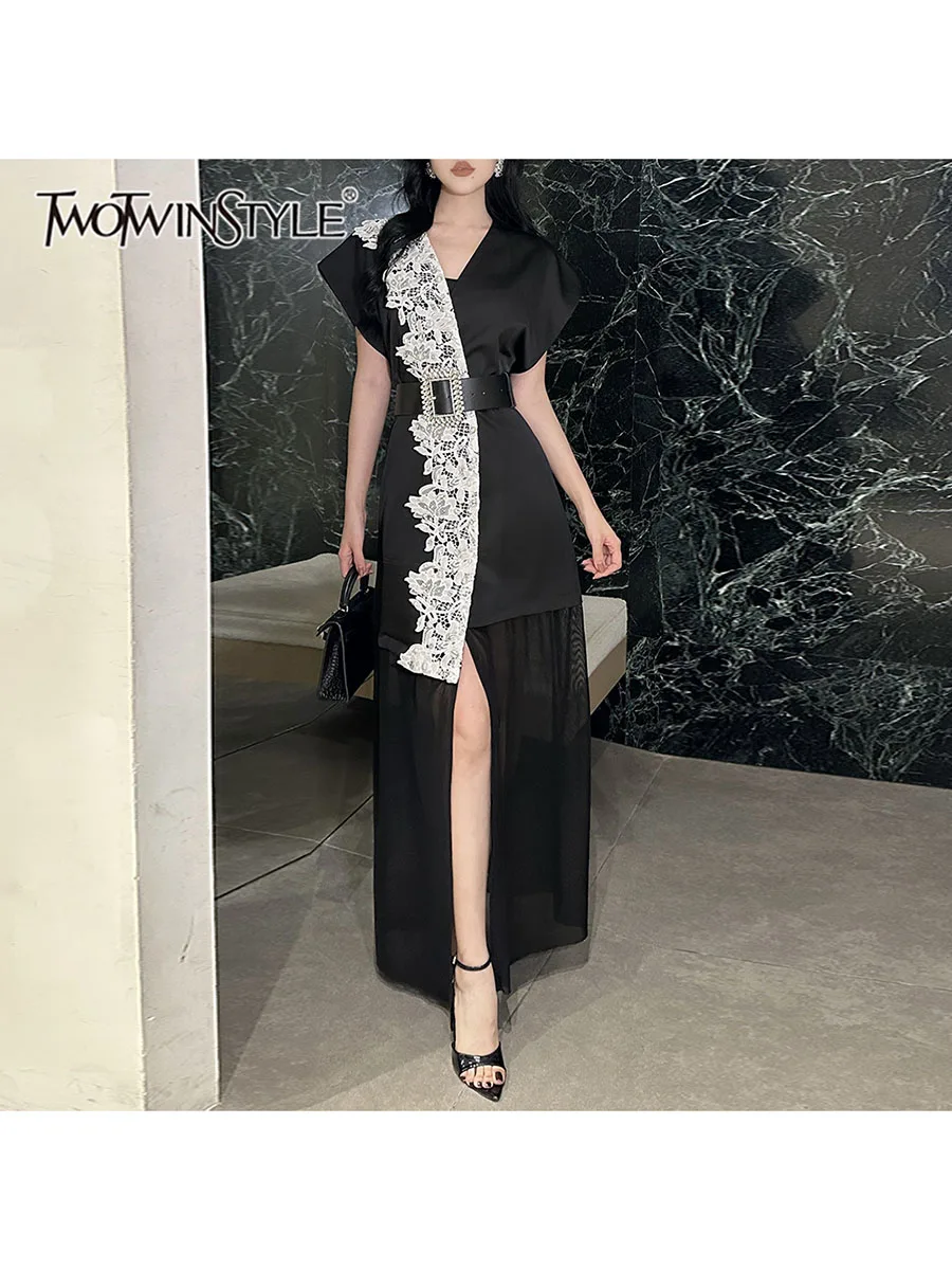 TWOTWINSTYLE ตีสี Slimming Spliced Lace Elegant ชุดผู้หญิง V คอแยก SHEER Patchwork ตาข่ายชุดหญิง