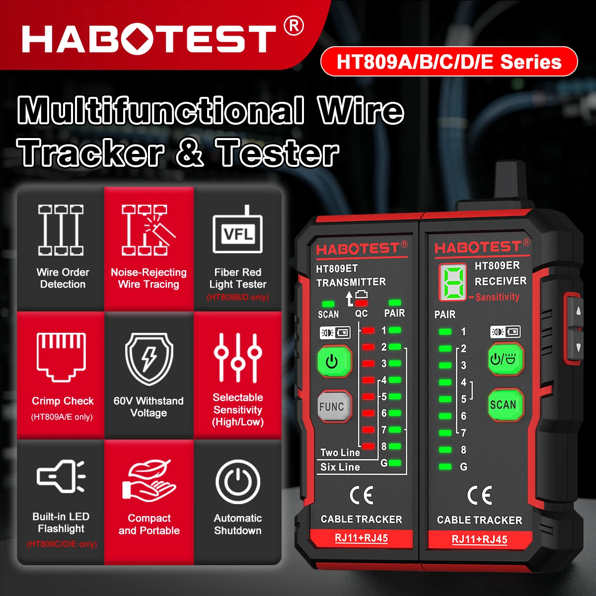 HABOTEST HT809A Wire Tracker Network Cable Tester RJ45 RJ11 Ethernet Line Finder CAT5 VFL Fiber Fault Locator Noise Rejecting
