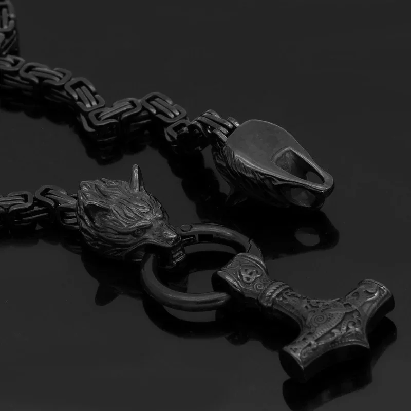 Черная Цепь в скандинавском стиле для мужчин, подвеска из нержавеющей стали в виде головы волка, фотомолотка Тора, ожерелье с кулоном в виде короля викингов