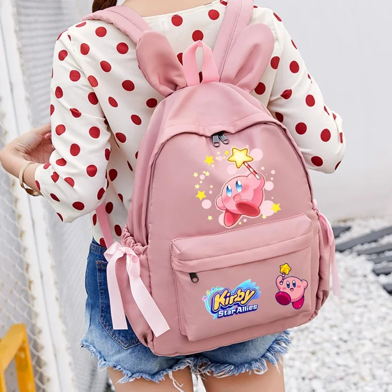 

Star Kirbys Girl Pink Rabbit Ears Backpack Storage Student Cute School Bag Anime Game Cartoon Print Women Work Computer Knapsack