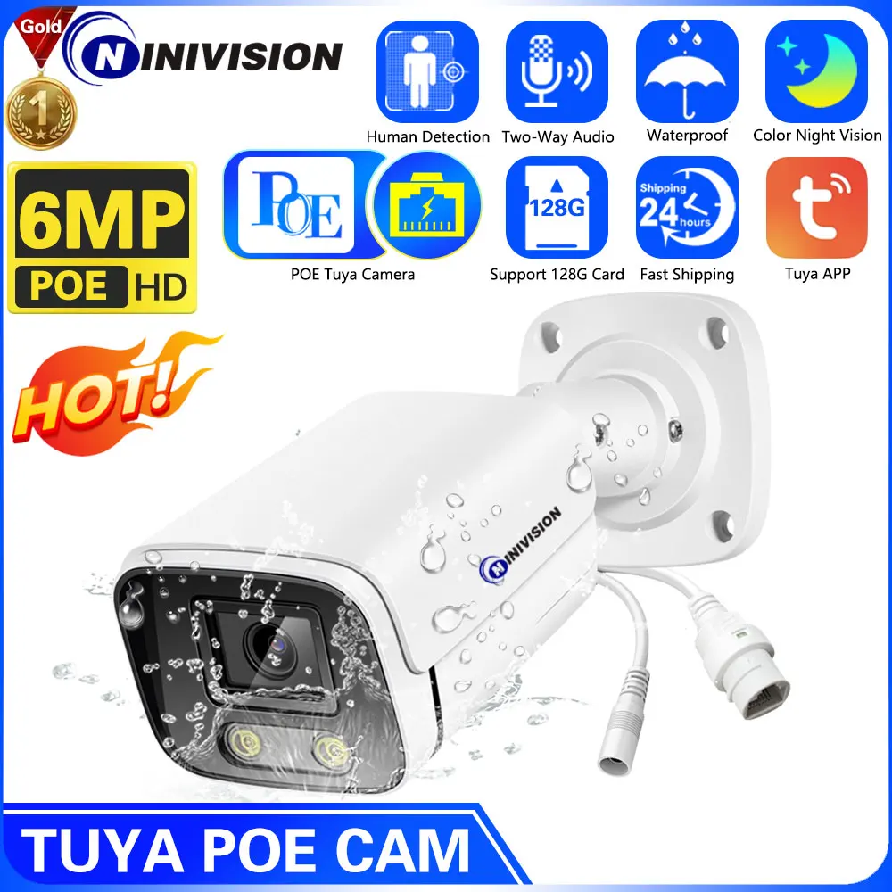 6MP P2P Tuya Smart Life Support 128G TF Card Human Detection Network Bullet POE IP Outdoor CCTV Surveillance Cameras Metal Shell