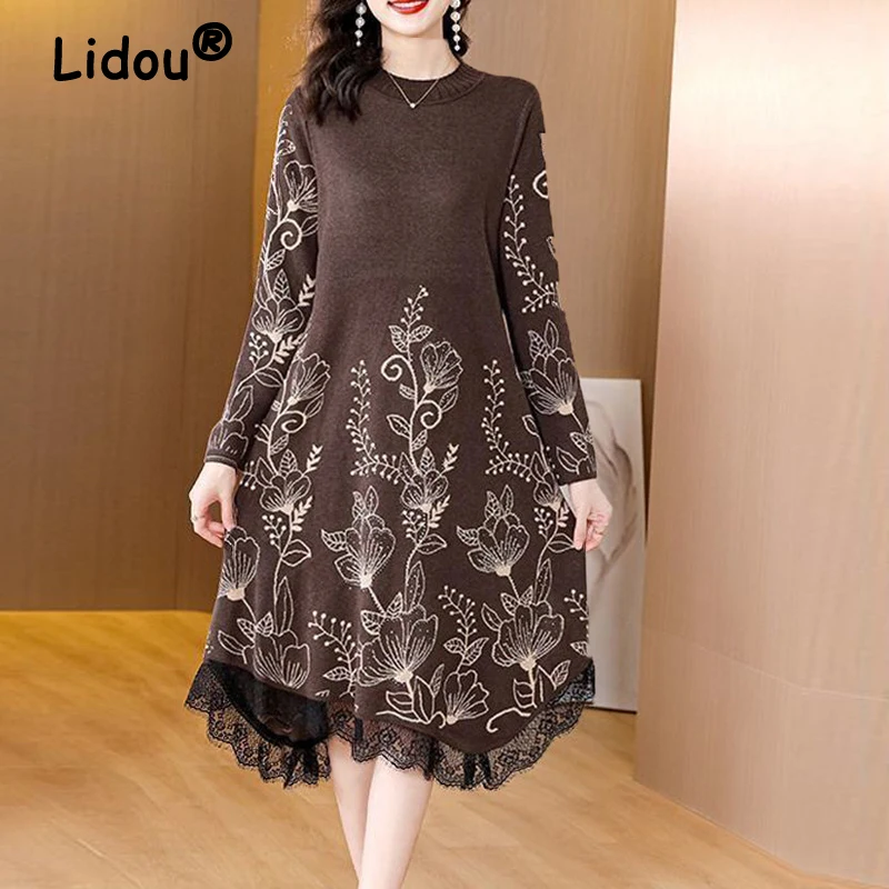 

Autumn Winter Women's Korean Fashion Print Lace Patchwork Elegant Knitted Dresses Ladies Long Sleeve Loose Irregular Midi Dress