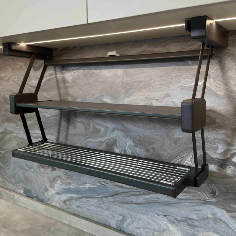 رف تخزين حديث قابل للطي مكون من طبقتين، جهاز تخزين أدوات المائدة التلسكوبي القابل للسحب