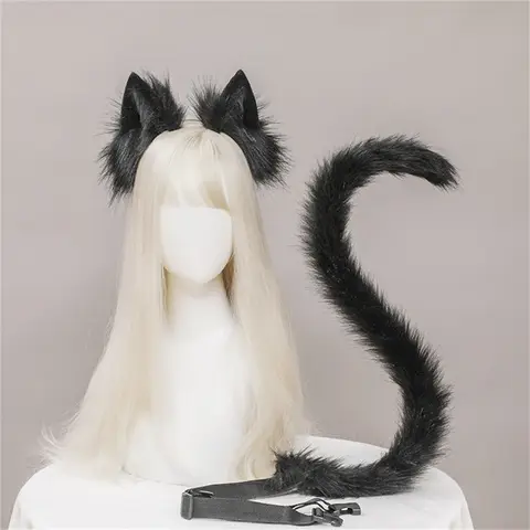 2Pcs/set Plush Cat Ears Tail Set Realistic Lolita Headband Cat Tail Cosplay Props Hand-made Simulation Animal Ears