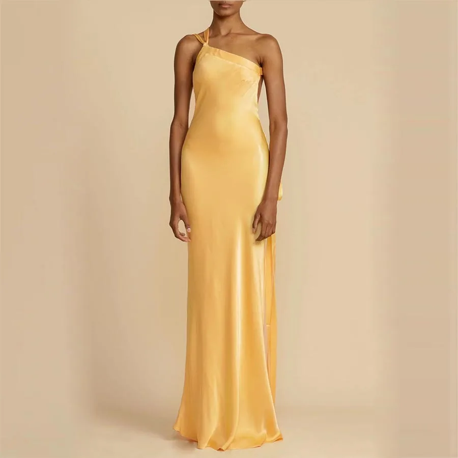 Meetlove One-shoulder backless Sexy Yellow Customized Satin Mermaid Spaghetti Straps Floor Length Simple Evening Party Gowns