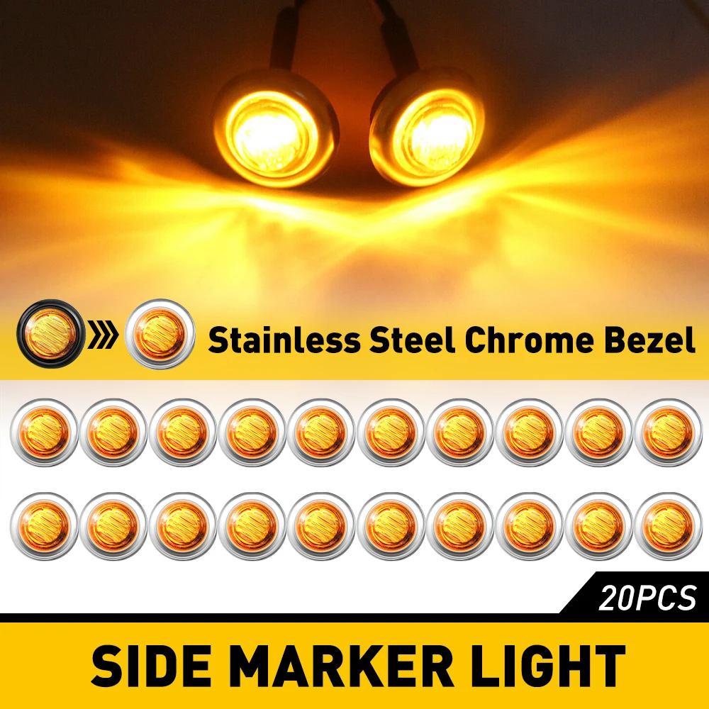 20Pcs Round Amber LED Side Marker Light With Stailness Base for Truck Trailer Caravan Side Clearance Marker Light Warning Lamp