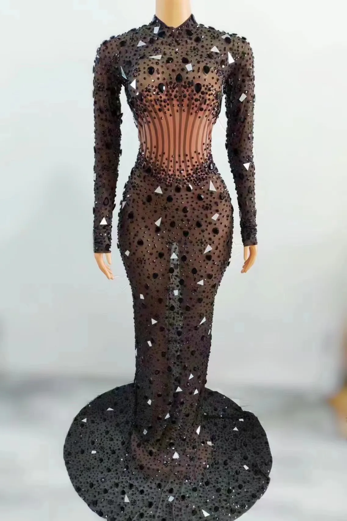 

Sparkly Rhinestones Long Tail Mirror Dress Sexy luxurious Back Evening Black Mesh Stones Costume Party Celebrate Dress Weihei