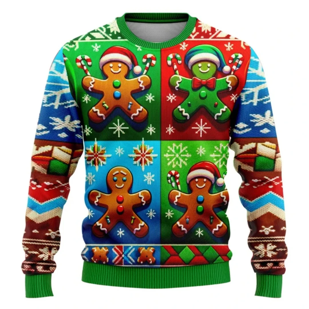 Suéter navideño con estampado 3D de copo de nieve de dibujos animados para hombre, suéter con cuello redondo, informal, Festival diario, novedad, mantiene el calor, manga larga