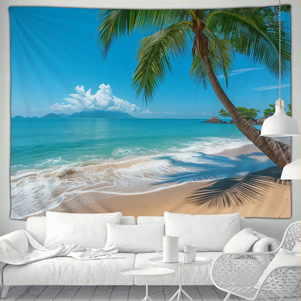 Ocean Landscape Tapestry Seaside Beach Outdoor Tropical Natural Landscape Polyester Tapestry Patio Wall Decoration Wall Hanging