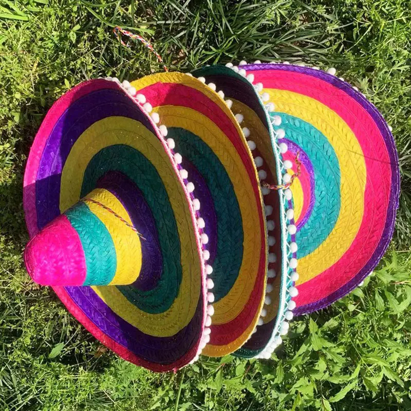 Carnival Party Mexican Sombrero Hat with Pompom Ball Hats Accessories Funny Headdress Colorful Wide Brim Straw Hat for Men Women