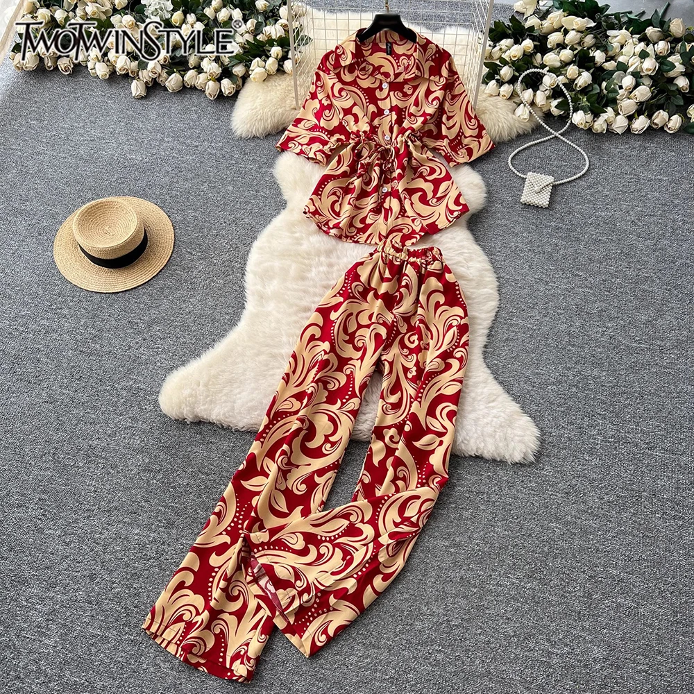 

TWOTWINSTYLE Casual Printing Two Piece Sets For Women Lapel Short Sleeve Top High Waist Long Pants Chic Set Female New KSE539980