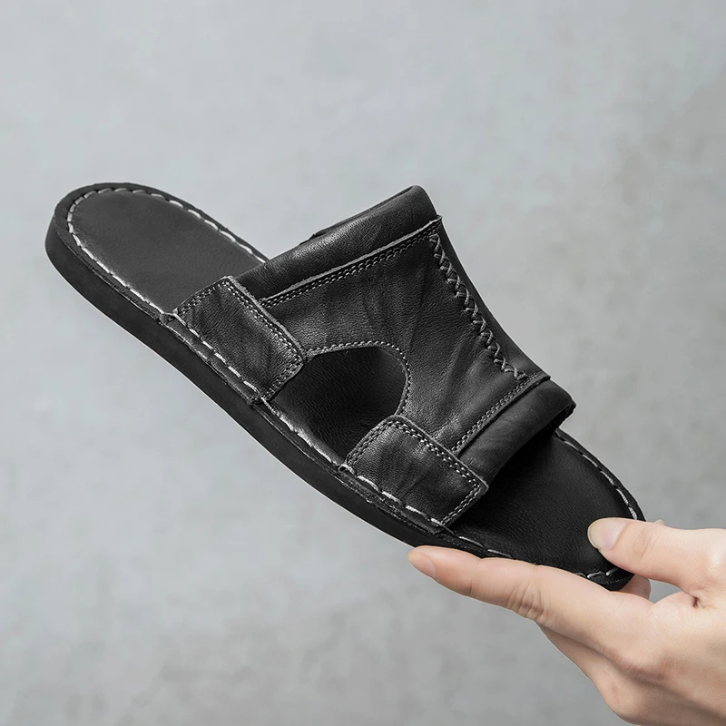 Men's Hand Stitched Leather Slide Sandals Vintage Open Toe Non Slip Flat Casual Slippers for Summer Beach Indoor Outdoor