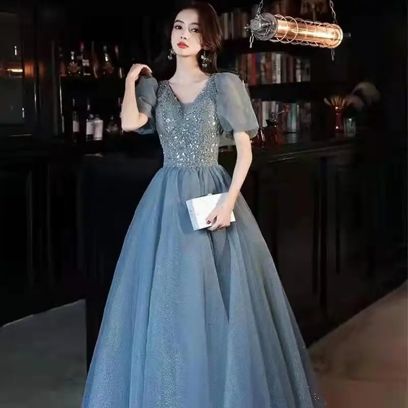 

Evening Dress 2024 New Banquet Temperament Fairy Wind Blue Host Art Examination Woman Small Looking Thin