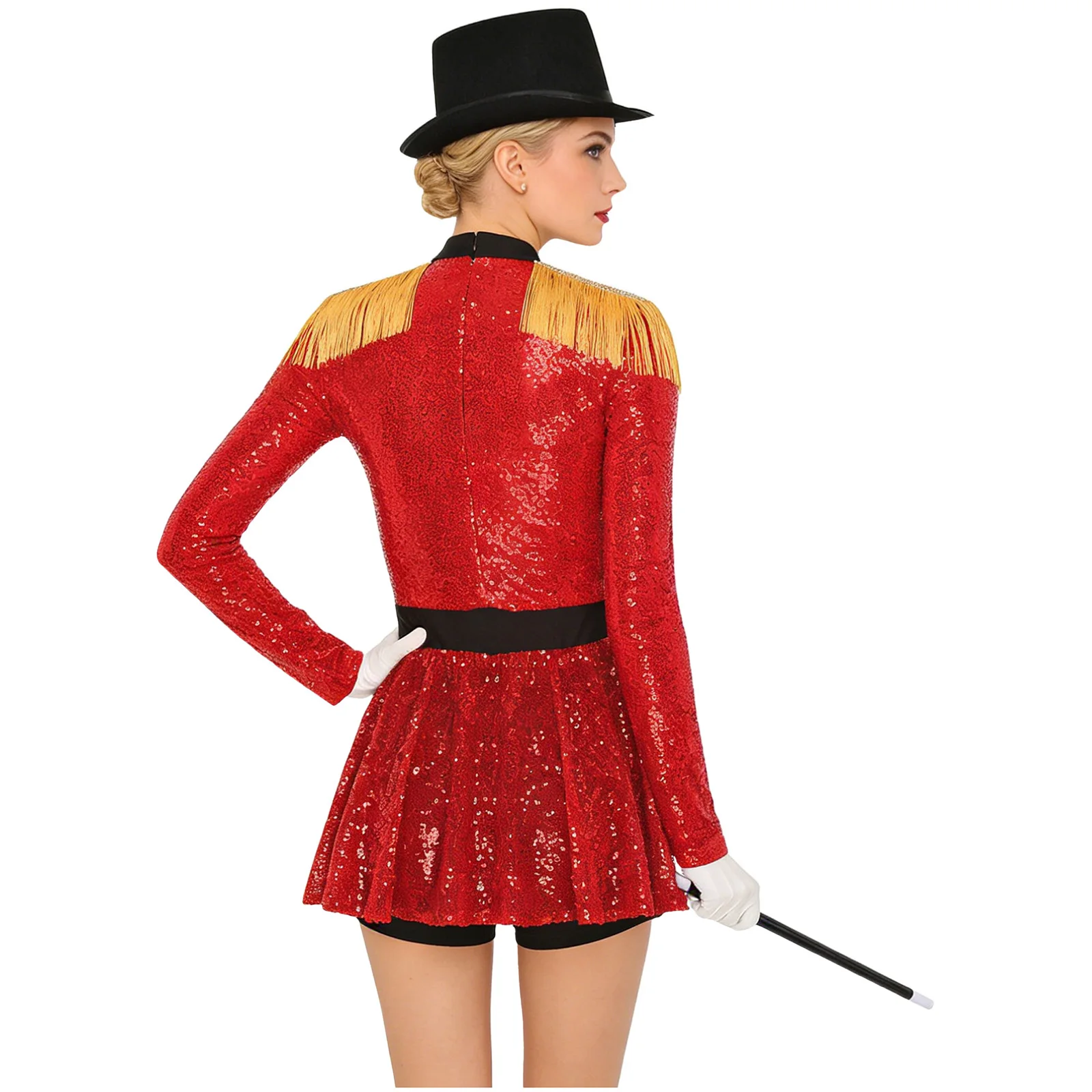 Womens Circus Ringmaster Cosplay Costume Tassel Long Sleeve Sequined Bodysuit with Hat Wand and Gloves for Halloween Magic Show