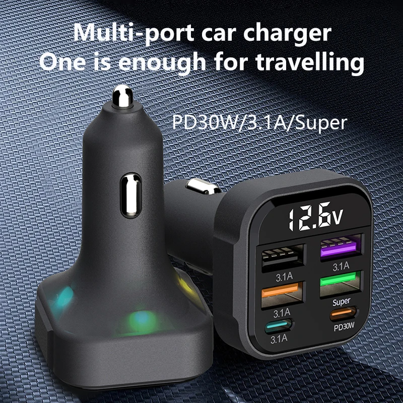 

K35 30W 6 Ports Fast Car Charger QC3.0 Cigarette Lighter Power Supply Adapter for Mobile Phone Fast Charge USB