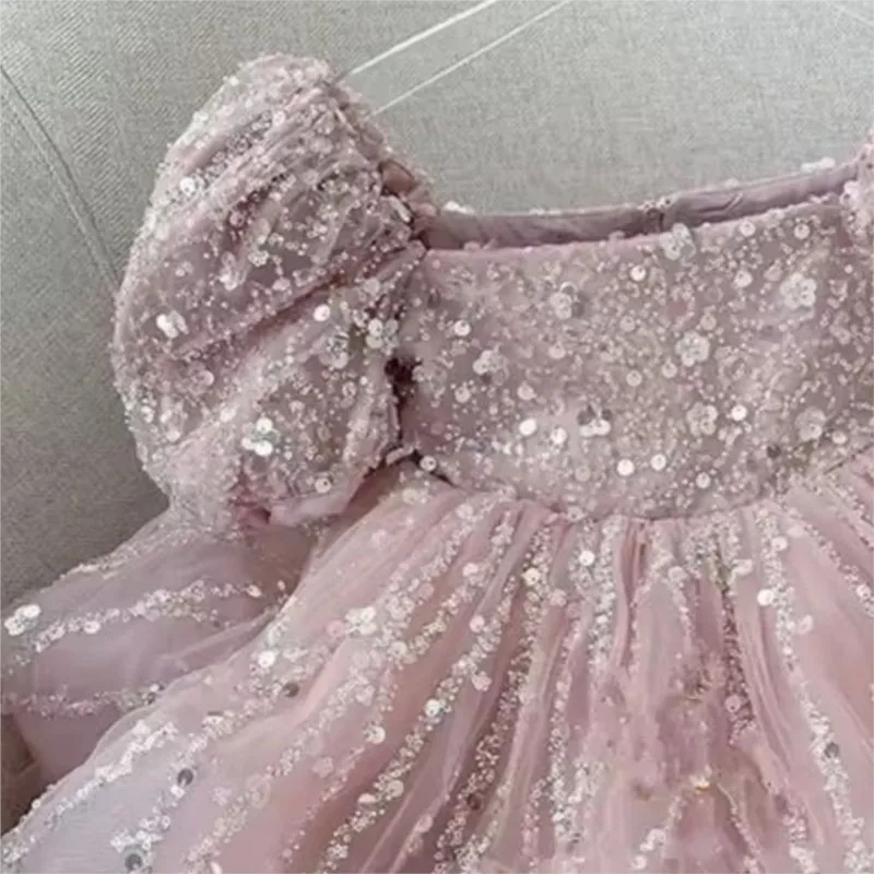 Baby Girl Princess Sequins Dress Off Shoulder Puff Sleeve Infant Toddler Child Tulle Vestido Birthday Party Baby Clothes 1-14Y