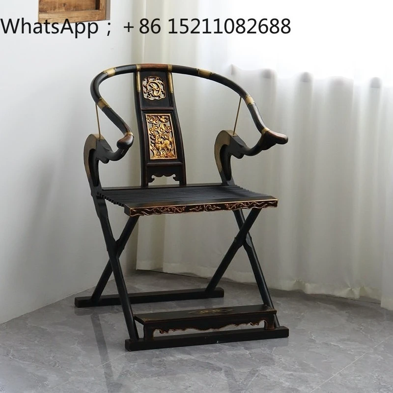 SCY old elm top chair retro and old Tai Shi chair folding carved solid wood chair