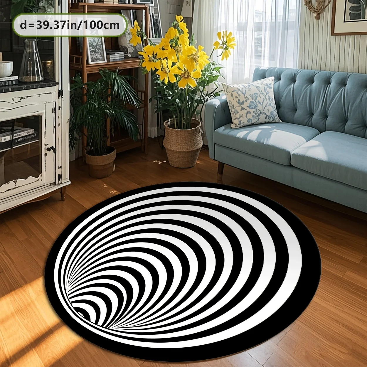 

3D black and white spiral round area mat plush polyester fiber, non-slip point backing, machine washable, carpet