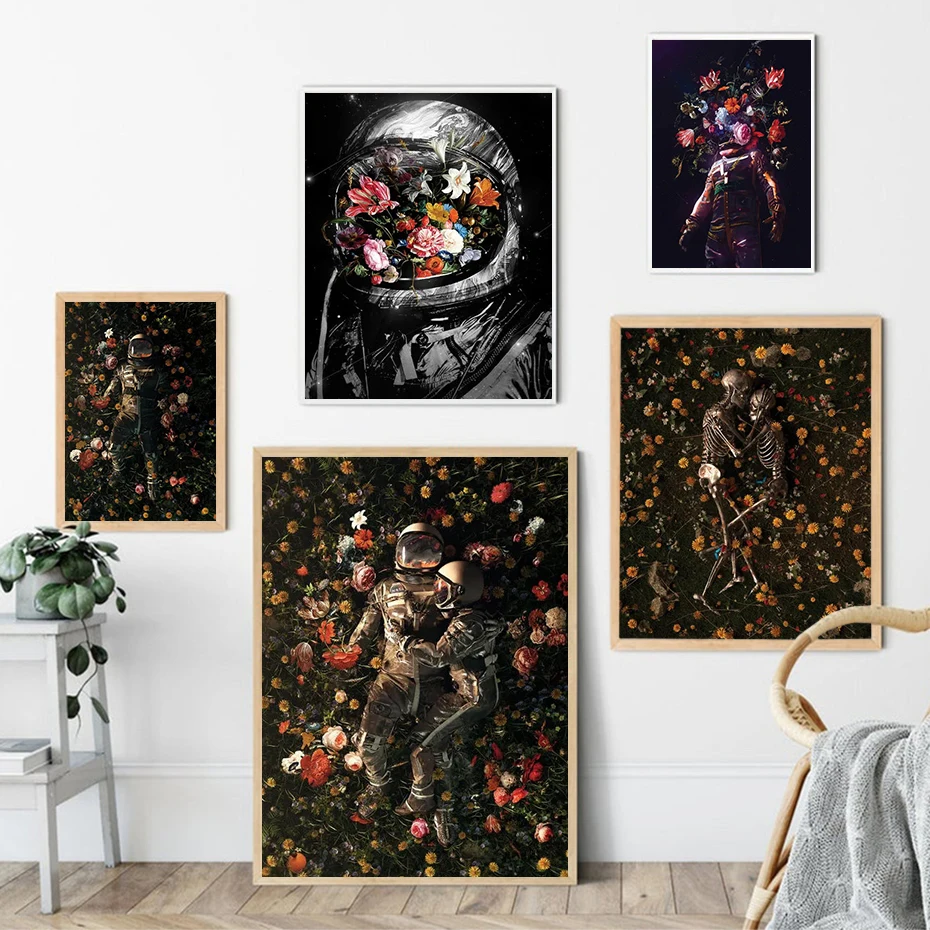 

Abstract Canvas Painting Astronaut Universe Float on The Wall Art Poster and Print Wearing Flowers Nordic Living Room Home Decor