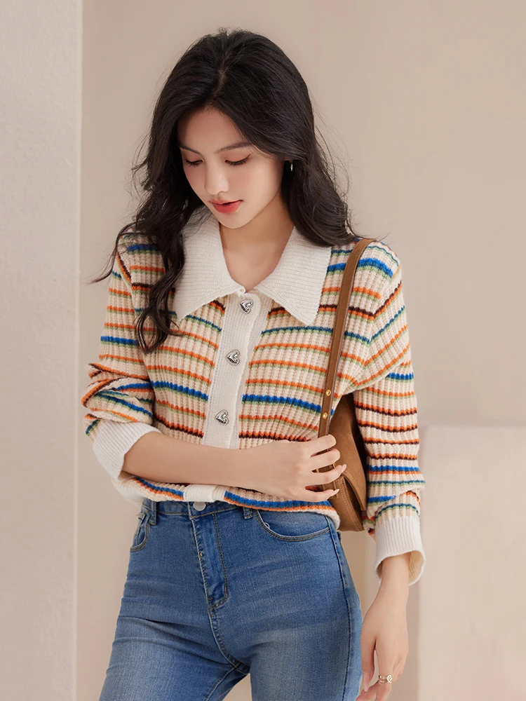 Vintage Color Blocking Rainbow Striped Sweater Women\'s Loose-fit Turn-down Collar Knitted Top Autumn Harajuku Casual Cardigan