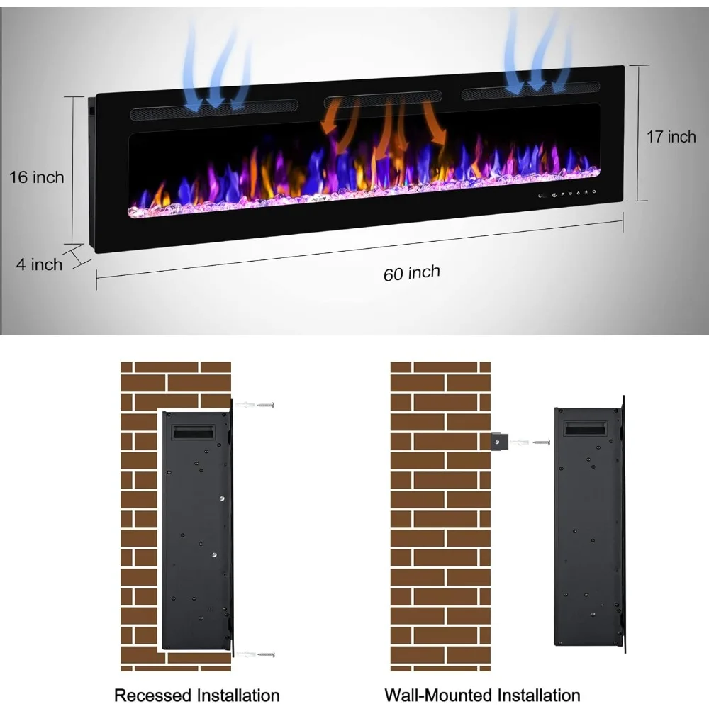 Chimenea eléctrica de 60 "montada en la pared y empotrada con Control remoto, 750/1500W con temporizador, Color de llama ajustable y brillo