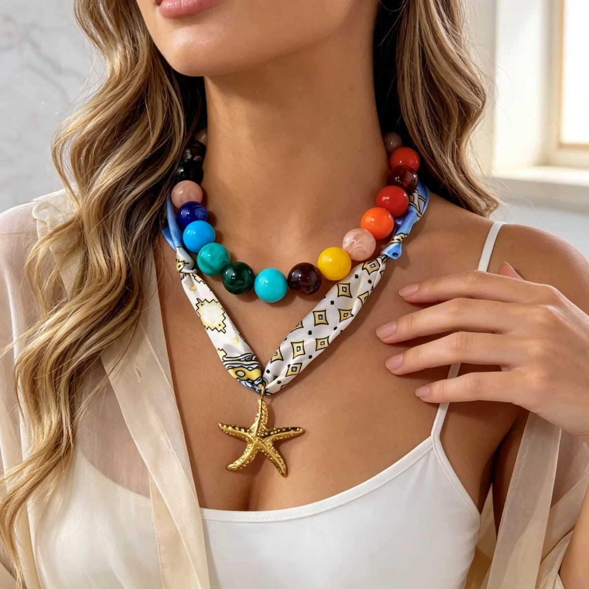 Bunter Acryl-Rundperlen-Schal mit Aufdruck, Seestern-Halskette für Frauen, Doppelschichtiger Edelstahl-Stern-Choker-Schmuck – Detail 7