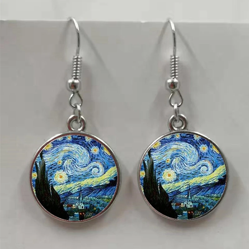 Van Gogh Painting Ear Studs Starry Night Ear Studs Van Gogh Sunflower Round Jewelry Glass Dome Earrings