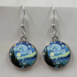 Van Gogh Painting Ear Studs Starry Night Ear Studs Van Gogh Sunflower Round Jewelry Glass Dome Earrings