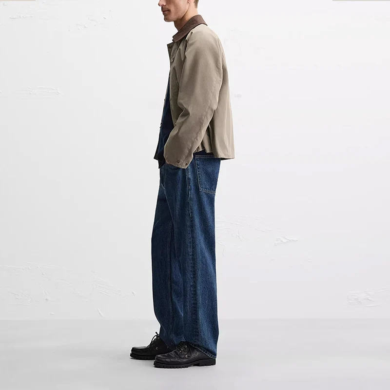 

Spring 2025 Men's Faion Soft Corduroy Loose Fit Jaet Collar Stand up Patchwork Outerwear Long Sve Youth Trend Stand...