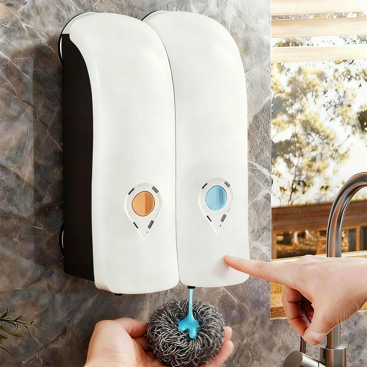 2IN1 Kitchen Sink Dish and Hands Soap Dispenser Suction Cup Wall-mounted Hand Sanitizer Press Bottle for Bathroom and Kitchen
