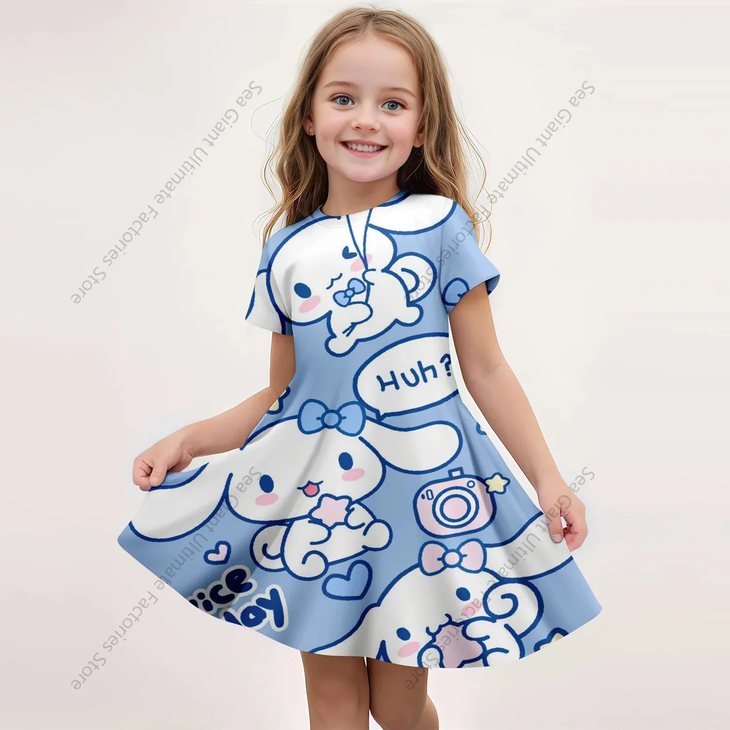 MINISO New Summer Girls Dress Fashion Cartoon Cute Cinnamoroll &Hello Kitty 3D Printing Dress Kid Short Sleeve Princess Clothing