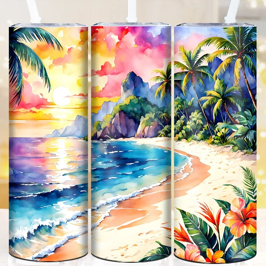 1Pc 3D Print Beach Gulf Tree Sunset Sunshine Tumblers Straw Lid 20oz Skinny Straight Coffee Mugs Stainless Insulated Travel Cups