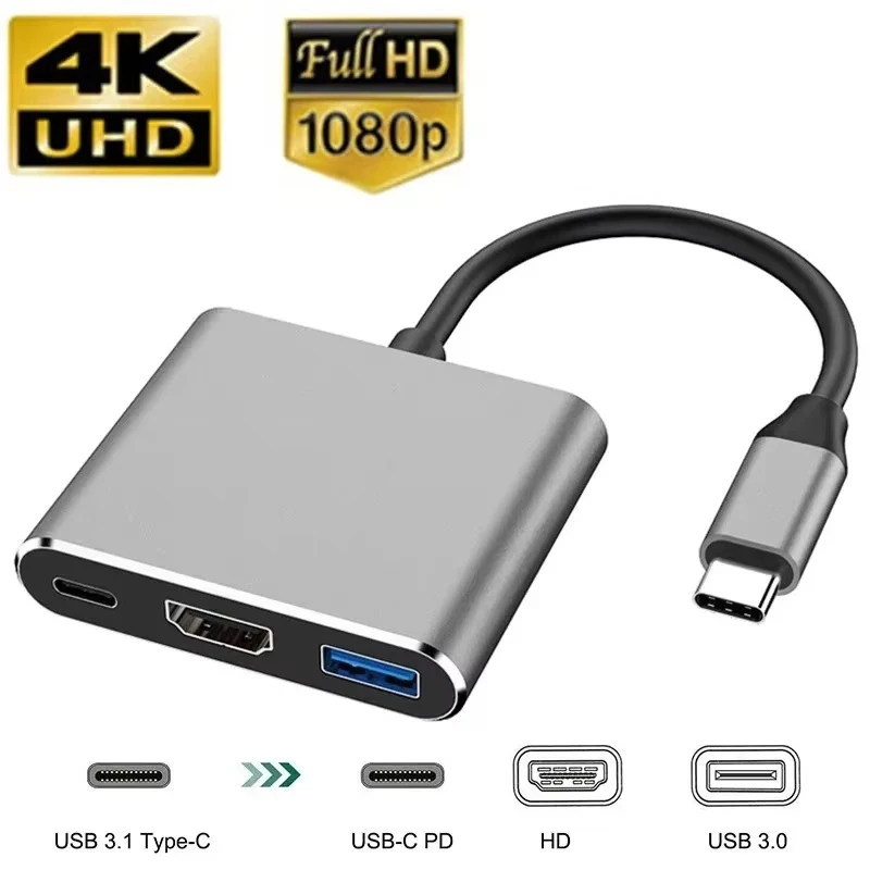USB C Hub 3 In 1 Type C To HDTV Docking Station PD Fast Charge For MacBook Pro Air Phone Charging Data Transfer Hub Plug Play