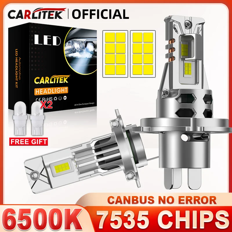 Carlitek H4 H7 LED Headlights 7535 CSP Chip Plug And Play 1:1 Mini Size High Low Beam H4 LED Headlight 6500K Super White 12V 24V